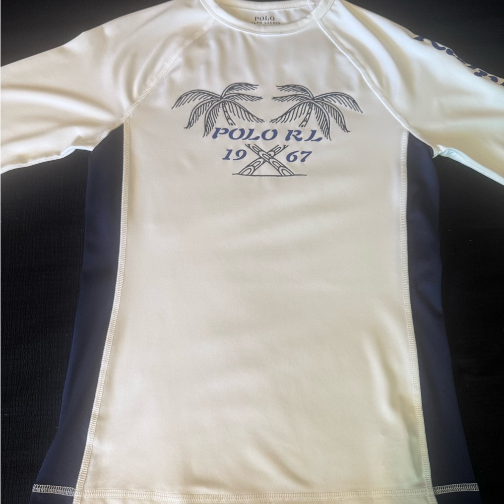 Polo by Ralph Lauren Cream and Navy Kids Swim Rashguard Size L 14/16